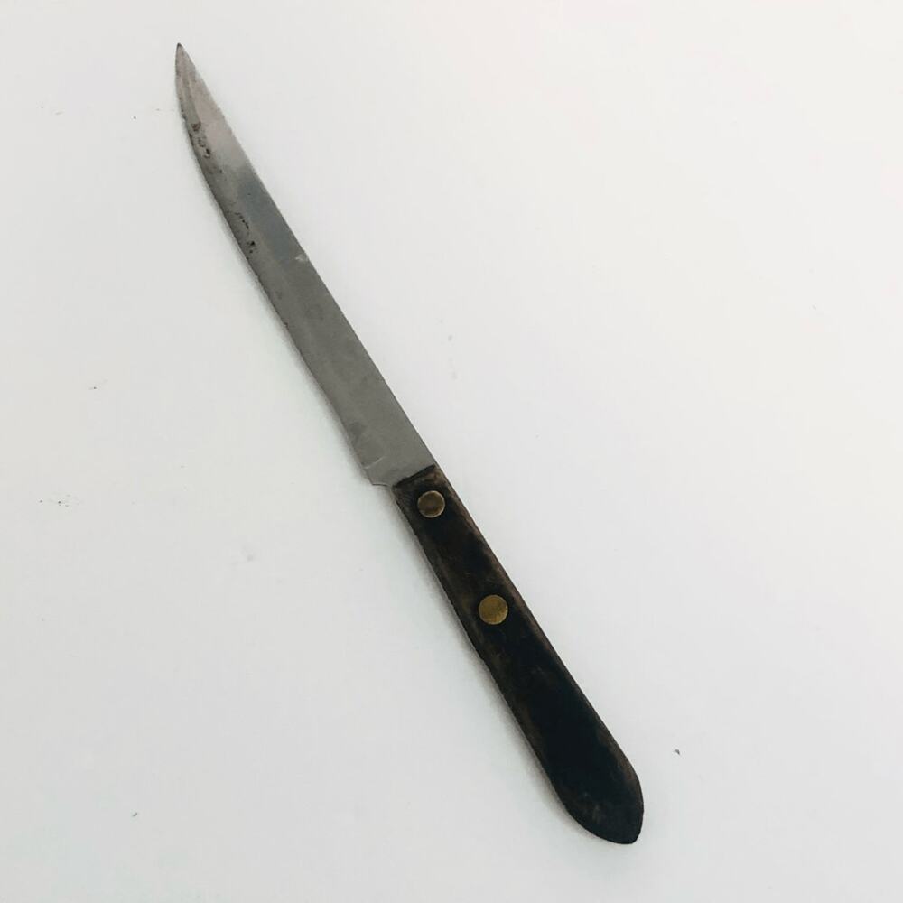 vintage wooden handled kitchen knife 5 inch blade riveted handle brown as is